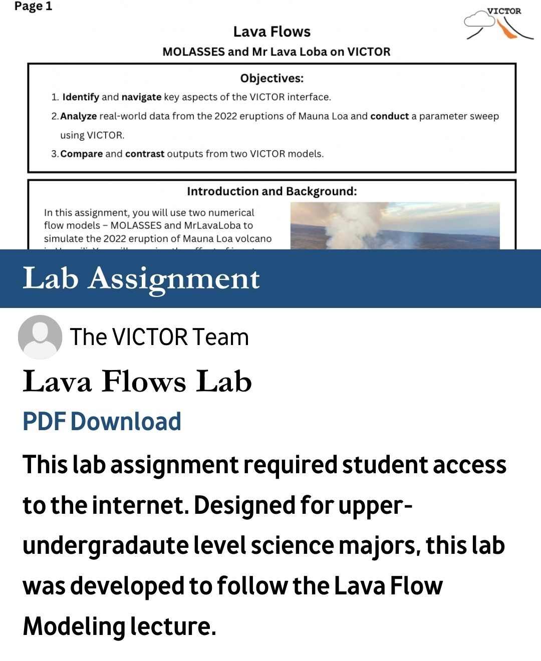 This lab assignment required student access to the internet. Designed for upper-undergradaute level science majors, this lab was developed to follow the Lava Flow Modeling lecture. 