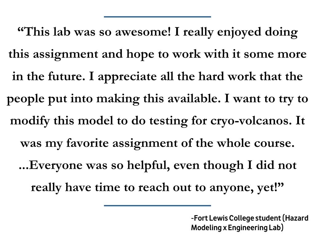This lab was so awesome! I really enjoyed doing this assignment and hope to work with it some more in the future. I appreciate all the hard work that the people put into making this available. I want to try to modify this model to do testing for cryo-volcanos. It was my favorite assignment of the whole course. Thank you all, and I will be in touch about those tests! Everyone was so helpful, even though I did not really have time to reach out to anyone, yet!