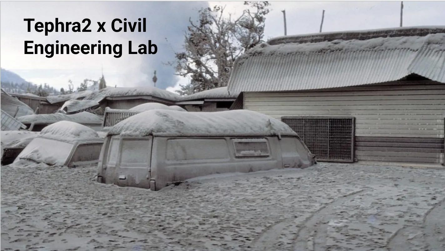 Image of tephra piled multiple feet high, blanketing vehicles and buildings. Text over the image reads "Tephra2 x Civil Engineering Lab."