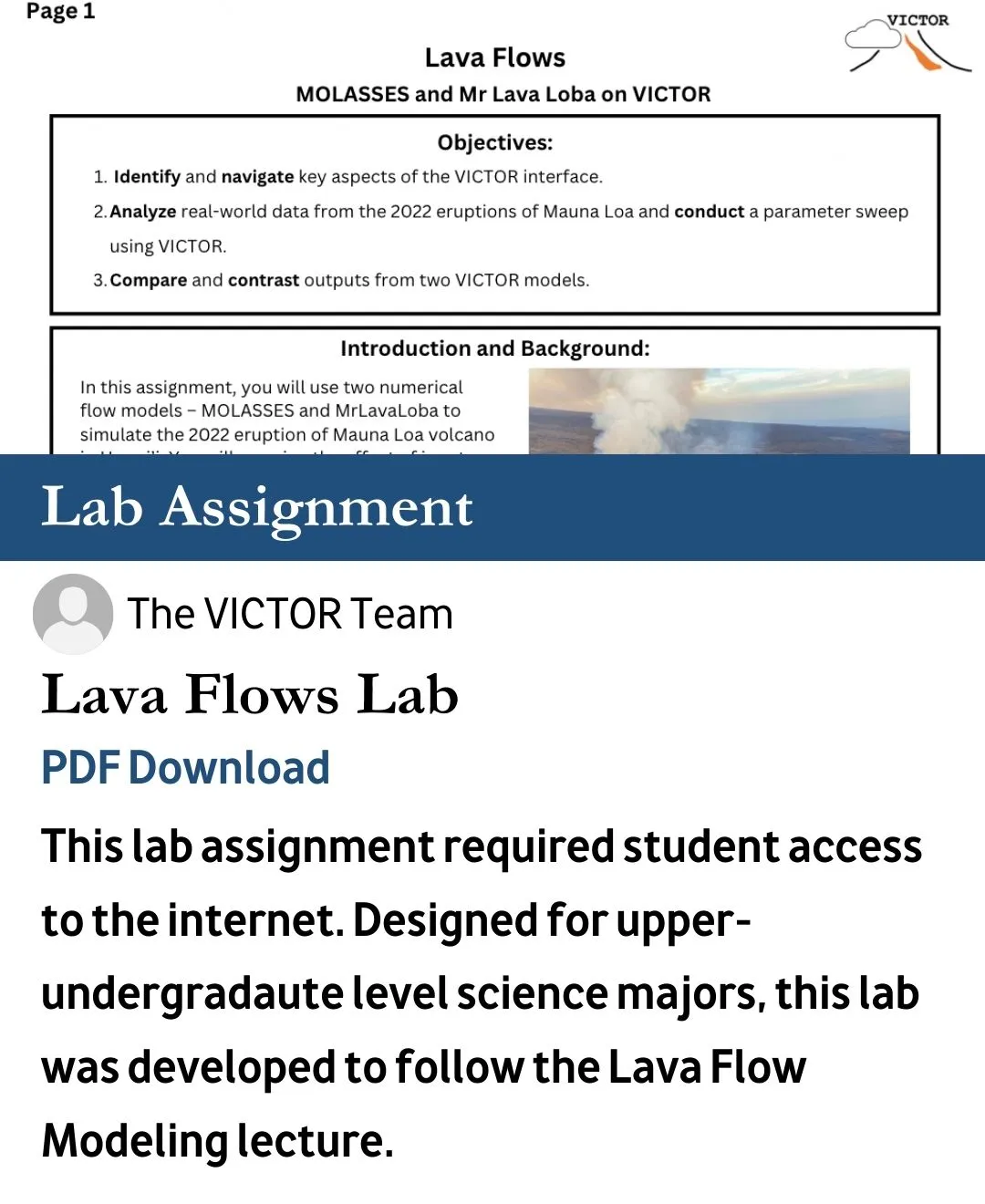 This lab assignment required student access to the internet. Designed for upper-undergradaute level science majors, this lab was developed to follow the Lava Flow Modeling lecture. 