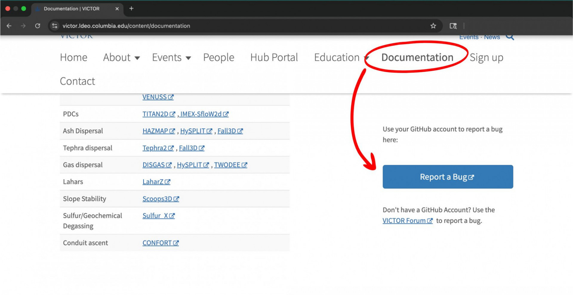 reporting a bug options on documentation page of the victor website.