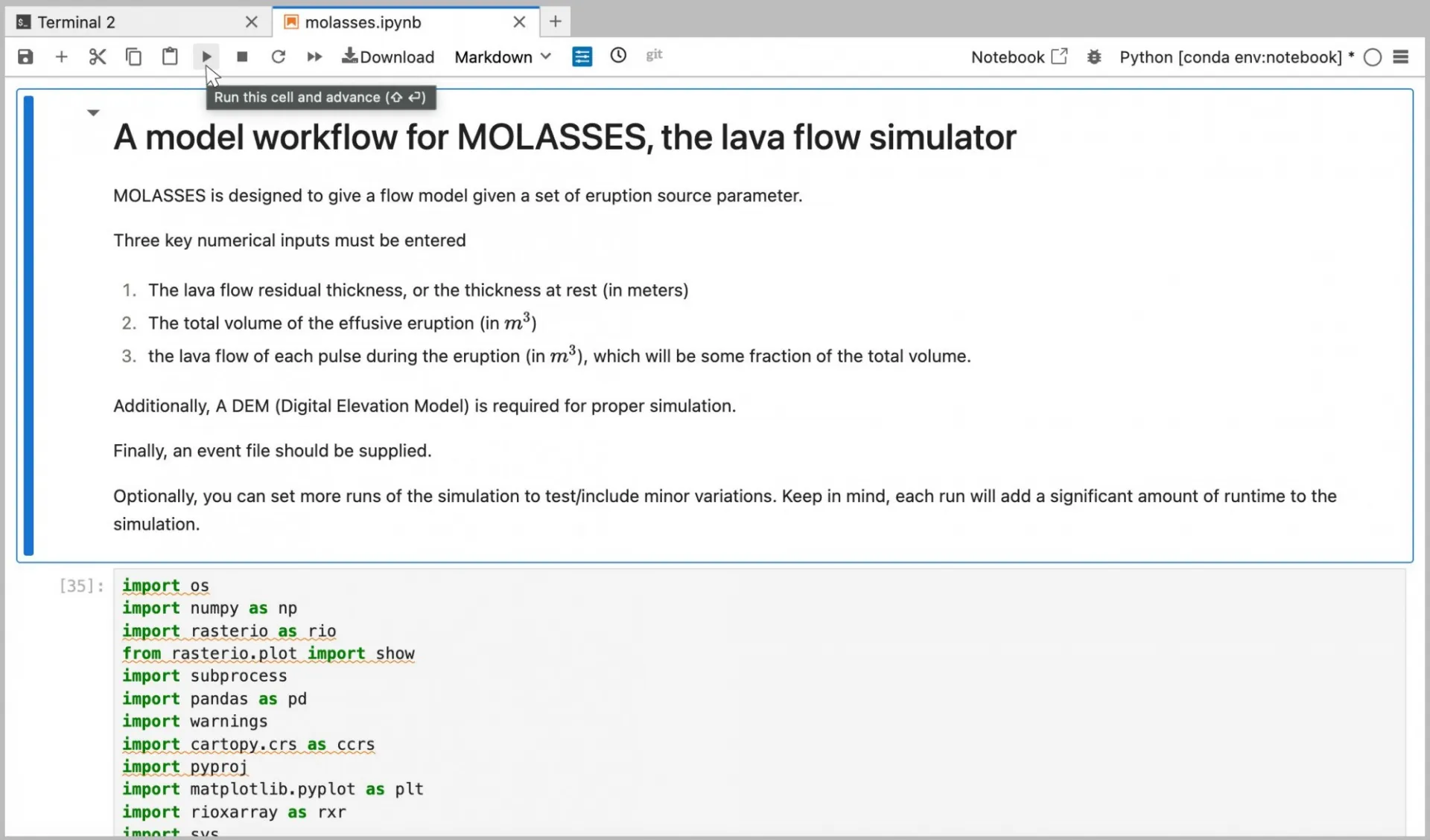 MOLASSES notebook showing the play button icon to run a cell