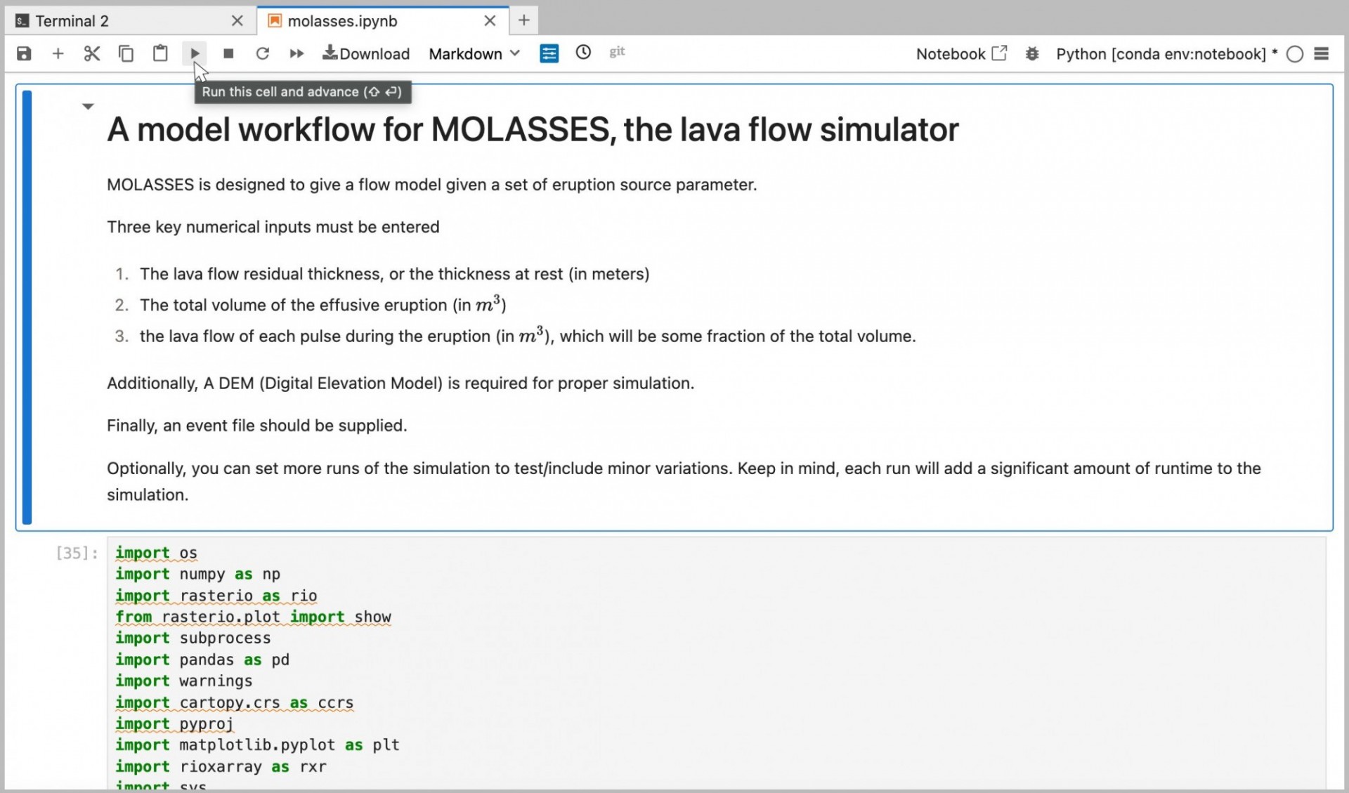 MOLASSES notebook showing the play button icon to run a cell