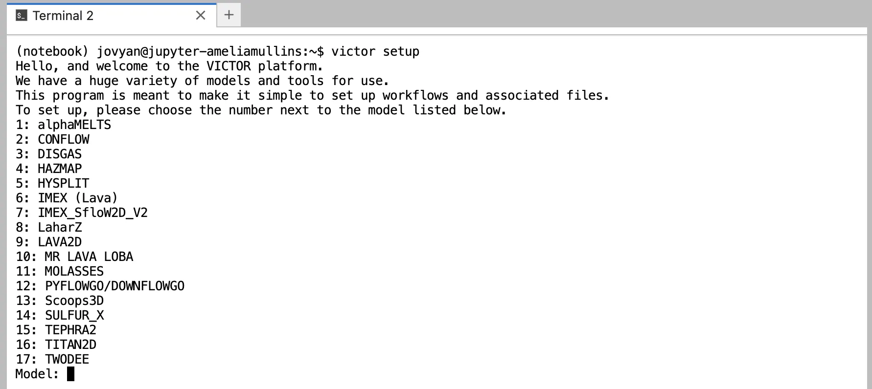 the terminal screen where users will use the victor setup command